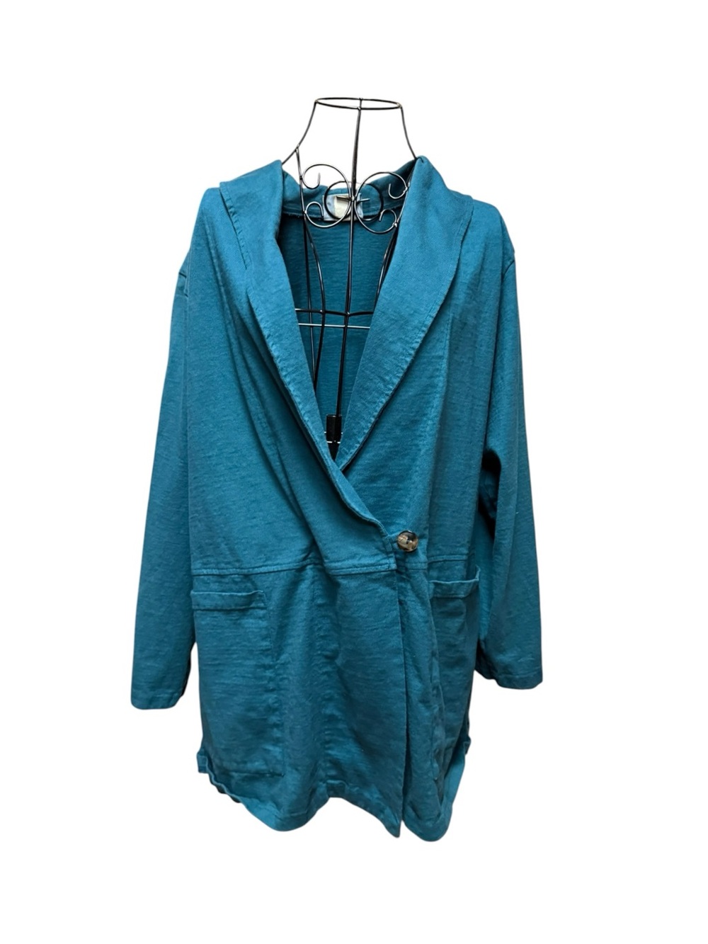 Mishi Relaxed Draped Cotton Shawl-Collar Jacket in Teal Large